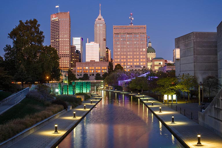 View of the downtown Indianapolis canal walk at twilight