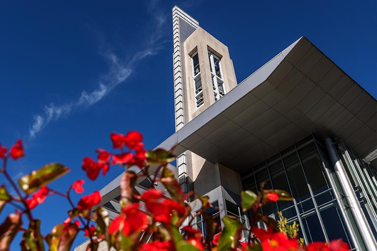 View looking up at the Campus Center bell tower with blooming red flowers in the foreground